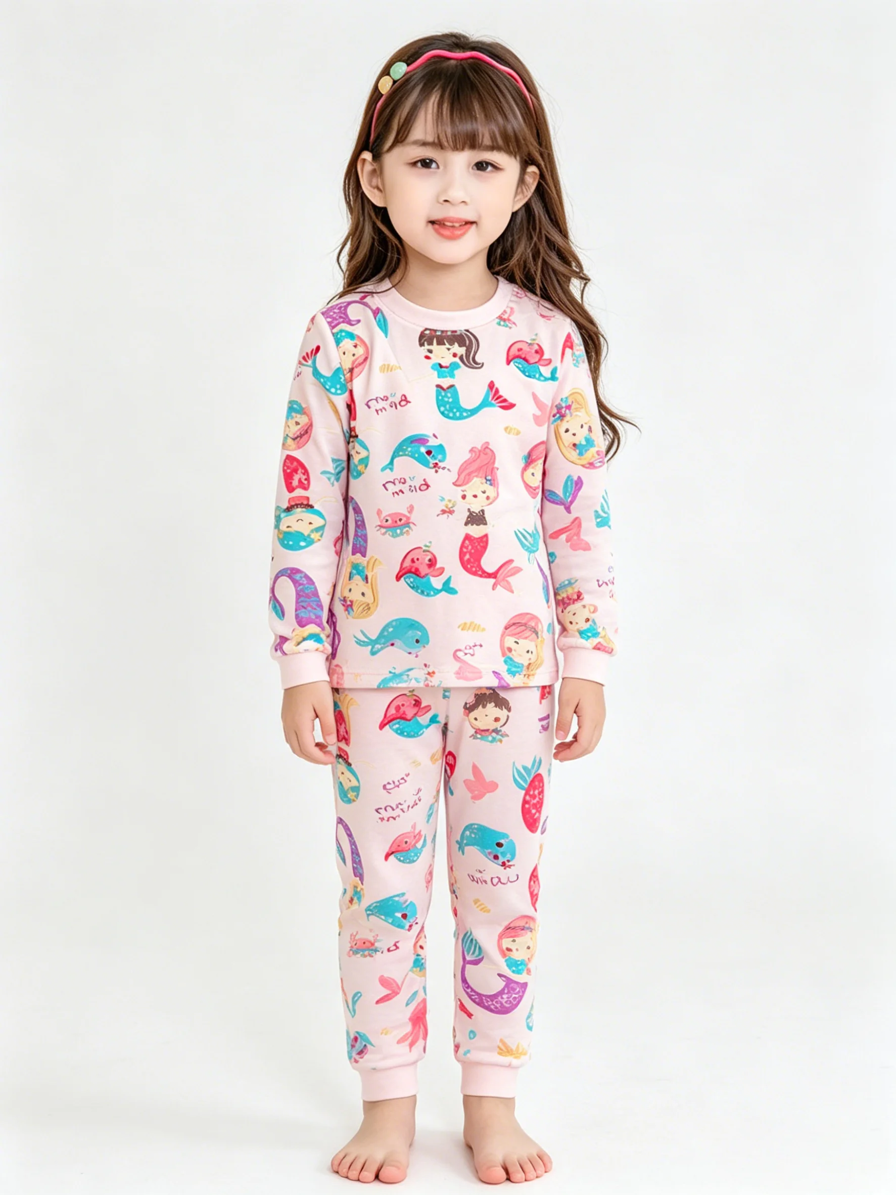 Kinder Mädchen Baumwoll-Pyjama-Set Cartoon Meerjungfrau-Druck Herbst Frühling Thermounterwäsche Kleinkind Langarm-Schlafanzug Homewear 2-teilig – Detail 8