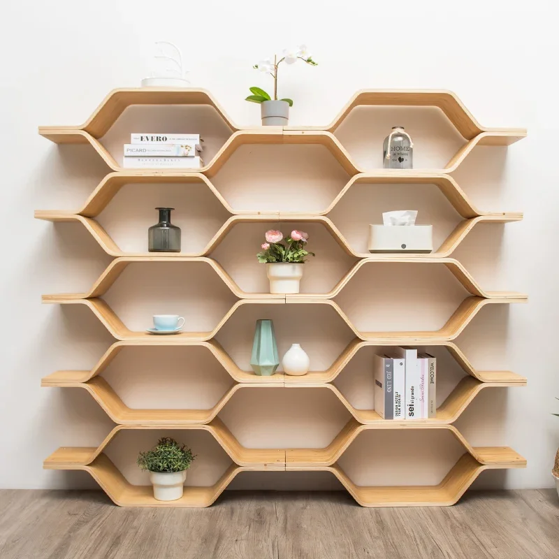 Bamboo Court Bookshelf Floor-to-ceiling storage shelf Wall partition Solid wood children's bookcase Honeycomb creative space