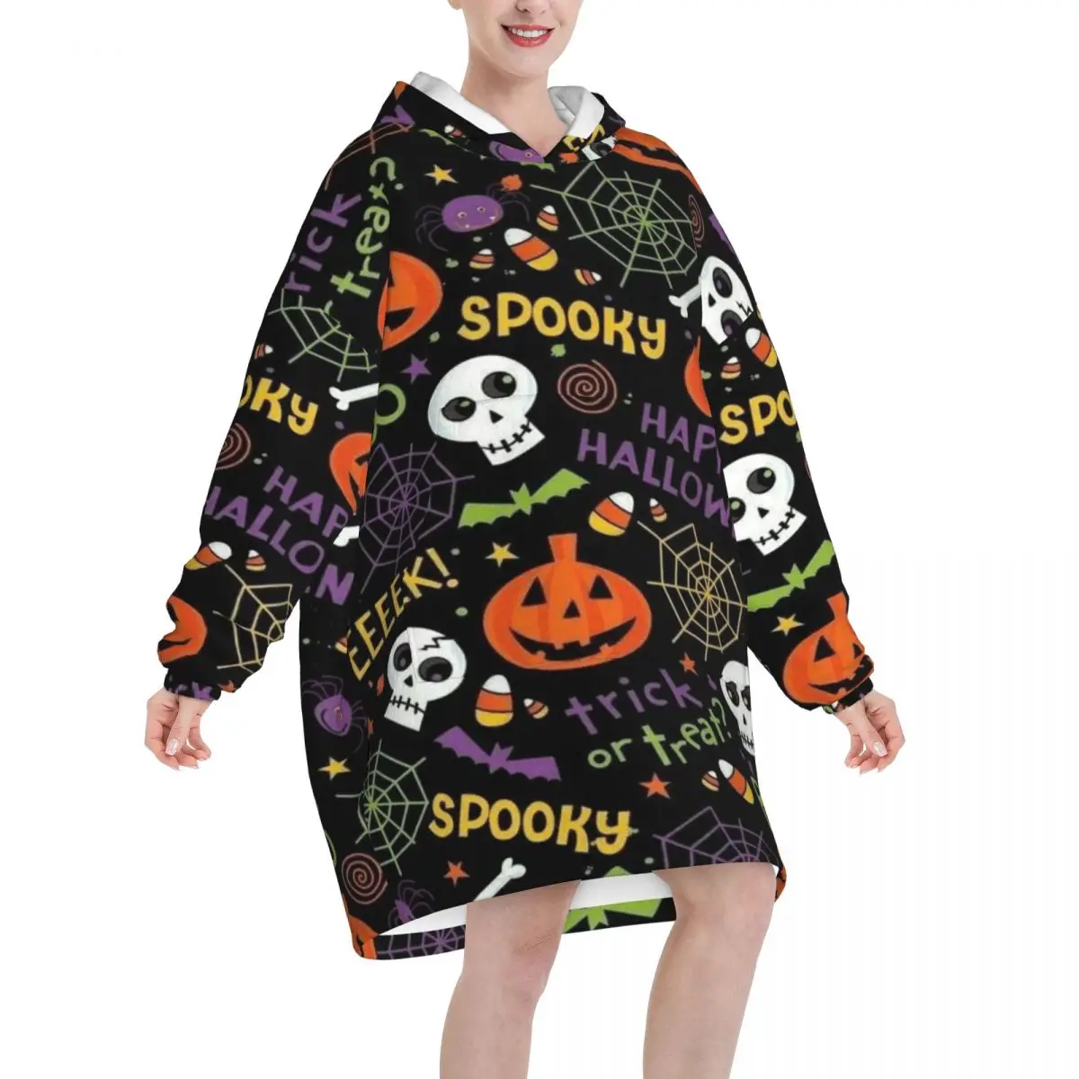 Oversized Halloween Ghost Pumpkin Spooky Trick Or Treat Witch Wearable Blanket  Ultrasoft Plush Warm Sweatshirt Blankets