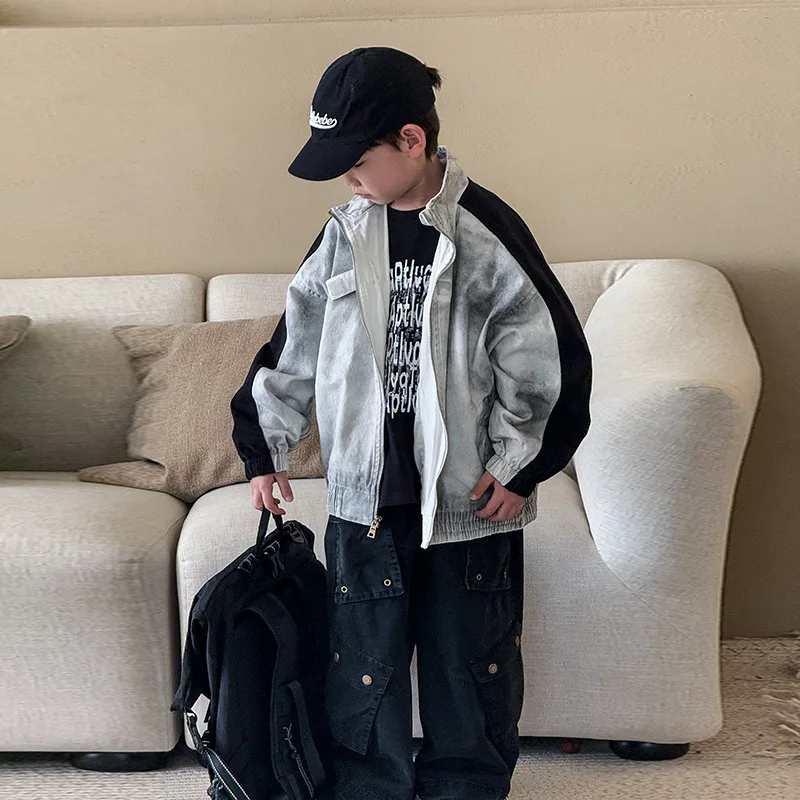 Boys Jacket 2025 Spring Autumn Korean Style Stand Collar Cool Clothing Kids Clothes Zipper Ink Stained Outerwear Coats