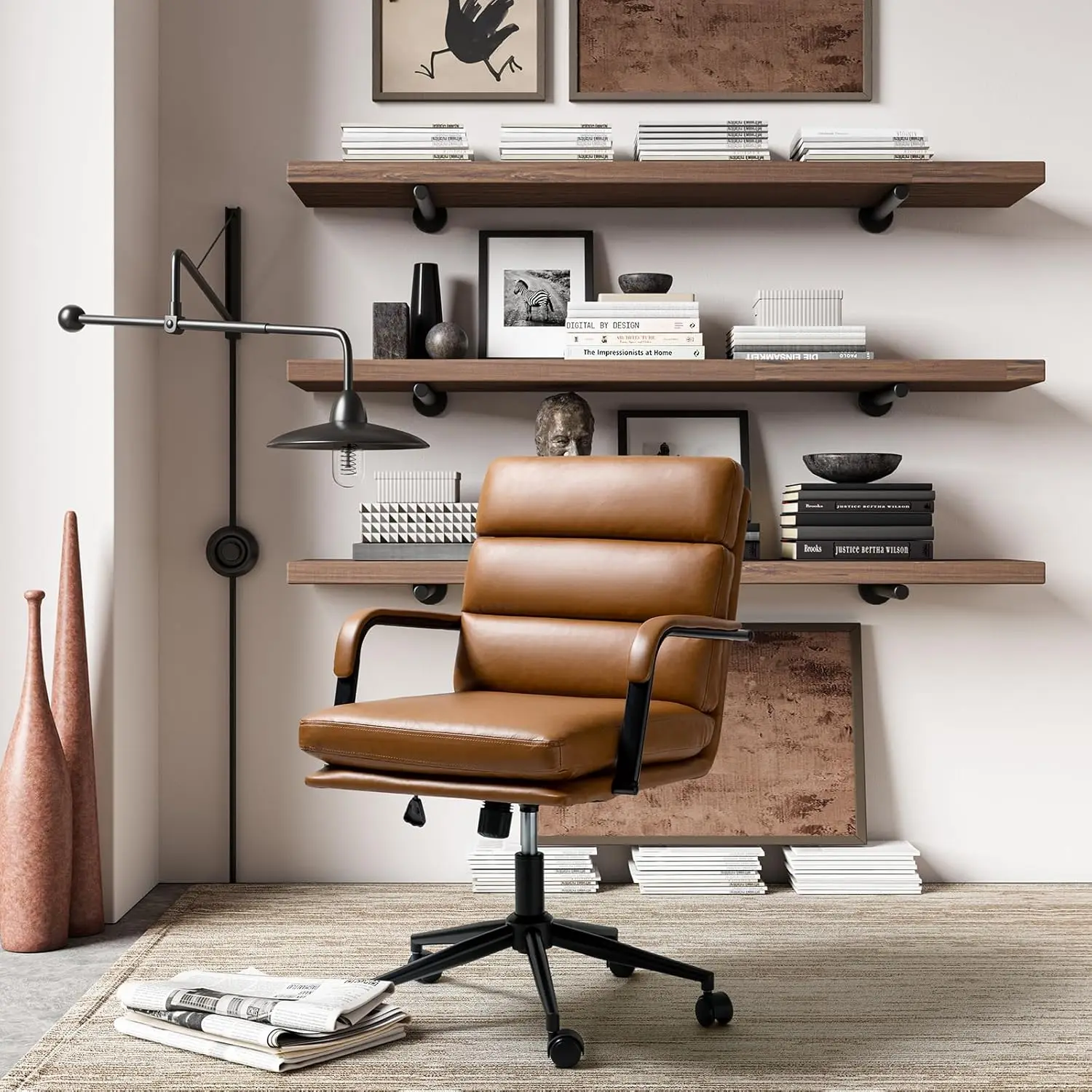 

Modern Faux Leather Home Office Chair With Tilt Lo & Metal Base, Desk Chair With Wheels & Padded Cushion, 360° Swivel Wide Seat