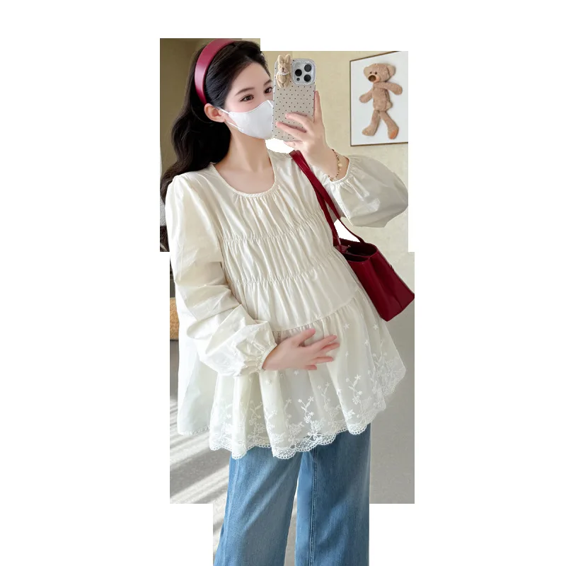 الحلو الدانتيل تقليم الحمل بلوزة الخريف فلوي بيتر بان طوق أعلى المؤنث شيك قميص أمومة مريحة أنيقة ملابس الأم