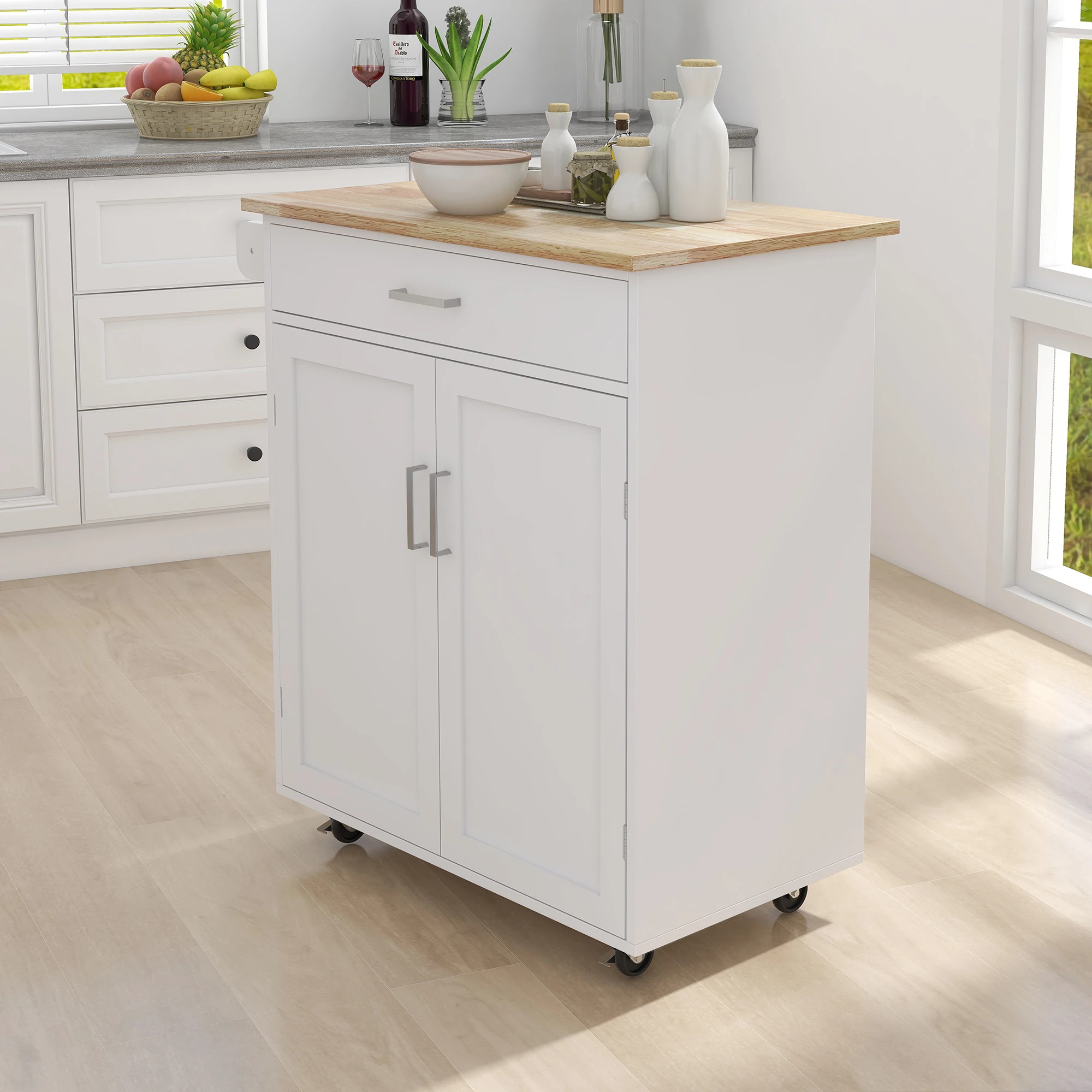 Kitchen Island Rolling Trolley Cart With Adjustable Shelves And Towel Rack Rubber Wood Table Top 