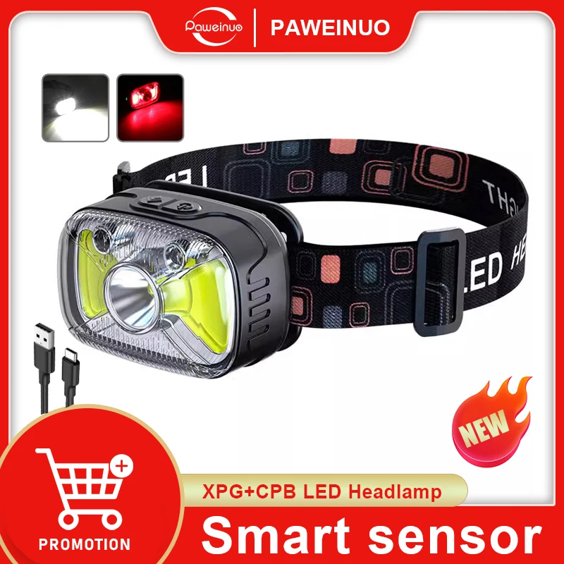 Super Bright XPG+COB LED Sensor Headlamp Type-C USB Rechargeable 7Modes Head Lamp Red Light SOS Portable Fishing Head Torch