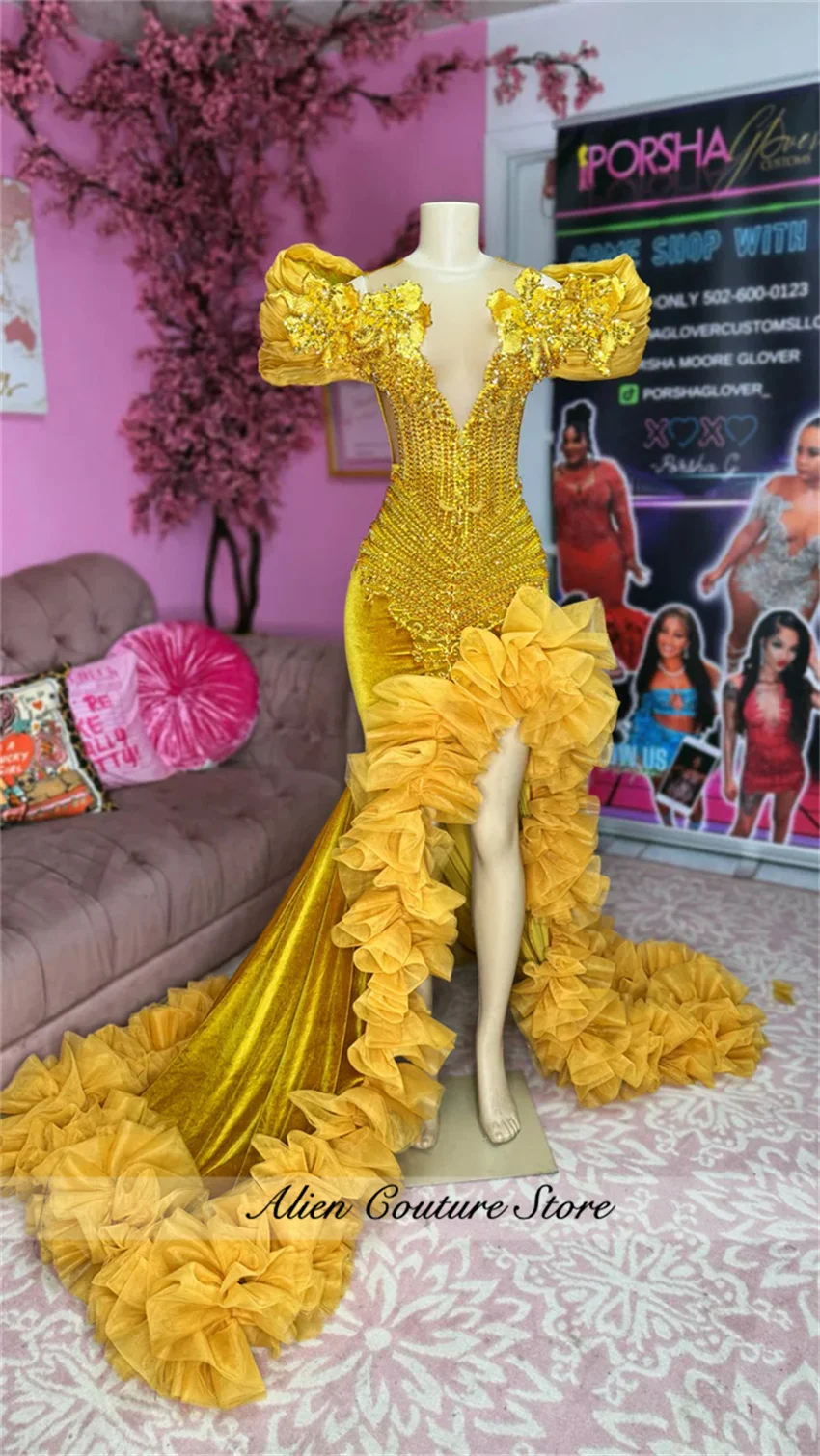 

Customized Gold Aso Ebi Mermaid Prom Dress High Slit Ruffles Crystal Beaded Evening Gown Robe De Soirée Birthday Party Gown