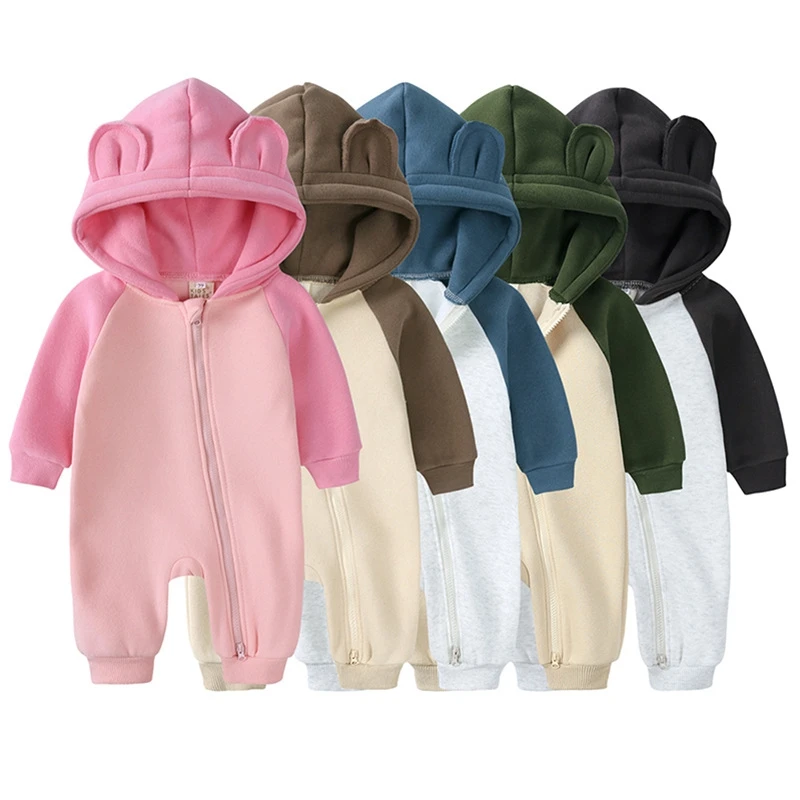 Autumn Winter Baby Kids Romper Patchwork Arctic Velvet Thick Warm Hooded Zipper Jumpsuits For Baby Boys Girls Bodysuit 0-18M