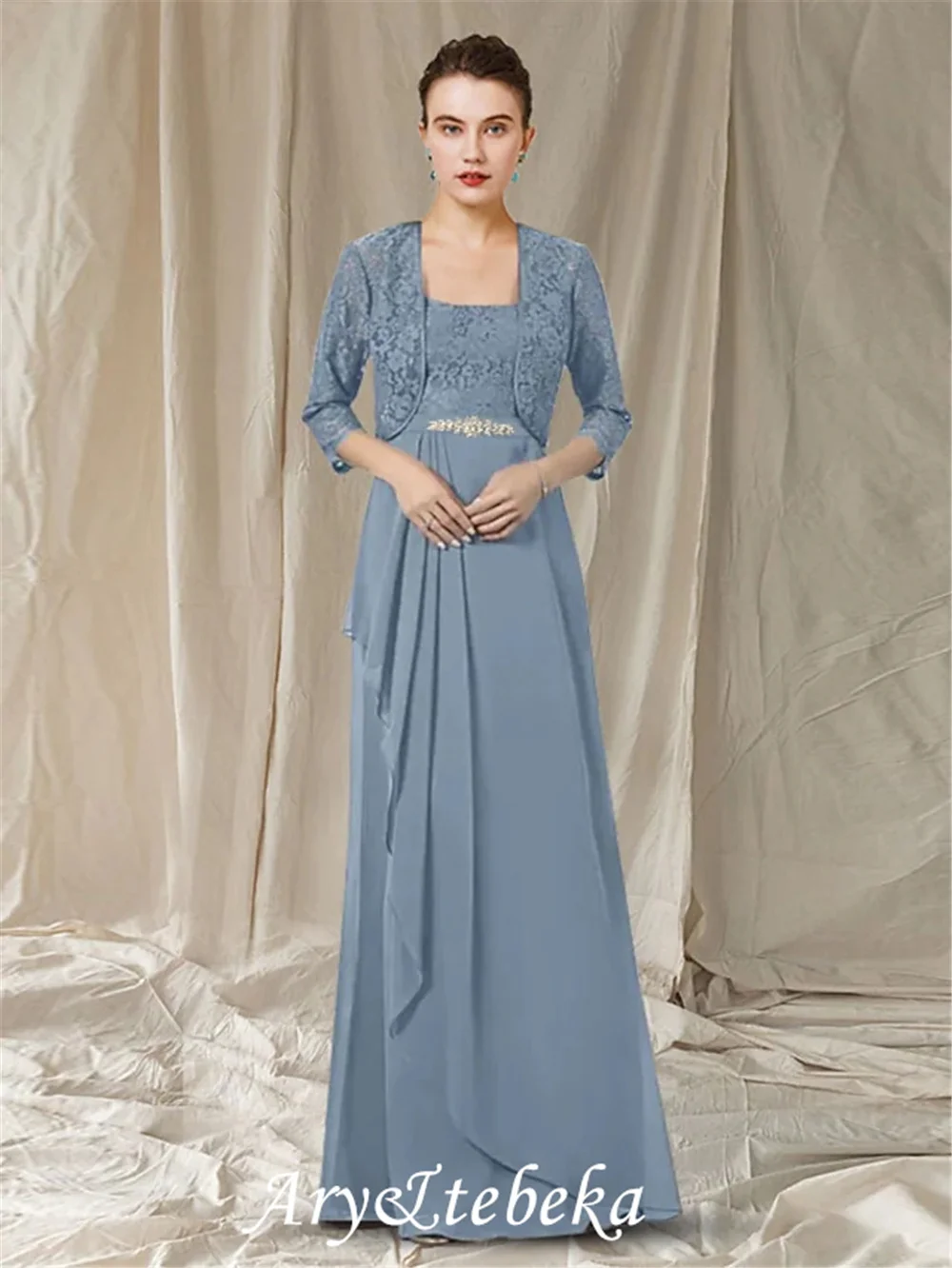 

A-Line Mother of the Bride Dress Elegant Scoop Neck Floor Length Chiffon Lace Sleeveless with Pleats Crystal Brooch