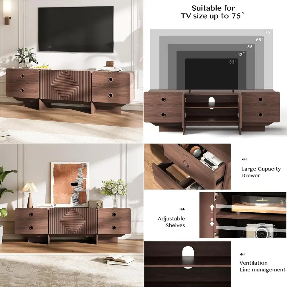 حامل تلفزيون حديث لمنتصف القرن لغرفة المعيشة - مركز ترفيهي مع مساحة تخزين لأجهزة التلفاز مقاس 60-75 بوصة، وحدات تحكم مخددة للمعيشة