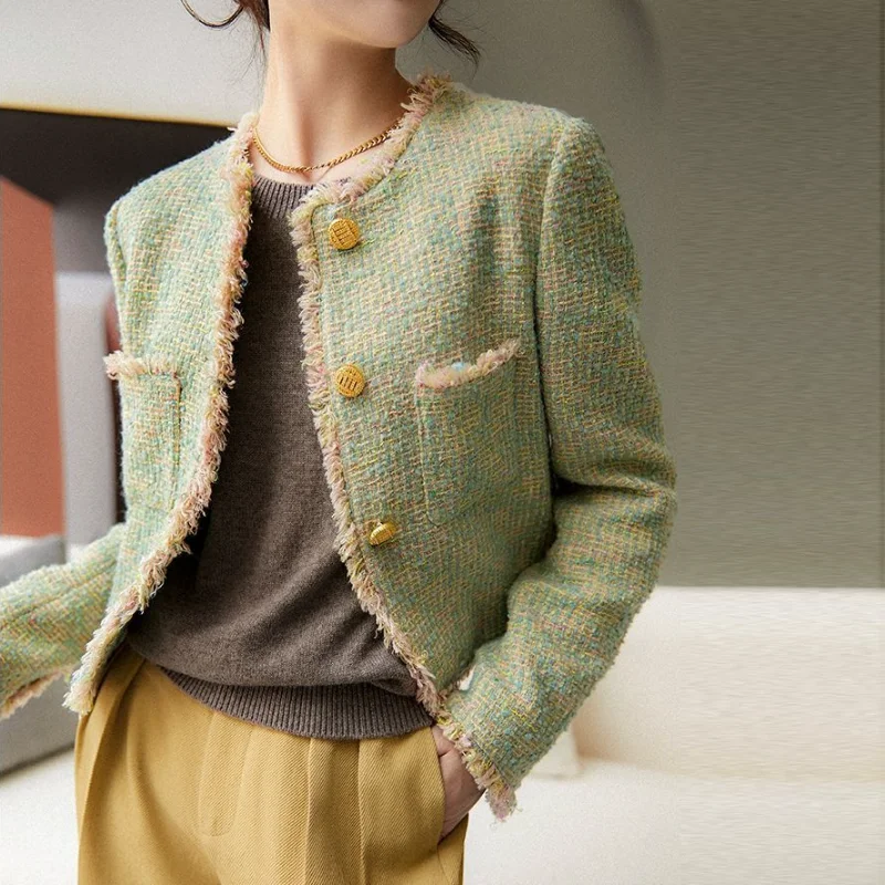 Crop Chic and Elegant Jacket Woman Fashion Clothes Short Demi-season Trend Tweed Green Winter Plaid Coat for Women 2025 Clothing