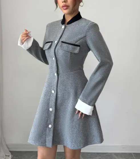 

Womens Dresses 2026 Spring Autumn New Solid Color Stand Collar Long Sleeve Single-Breasted Slim Fit A-Line Elegant Mini Dress