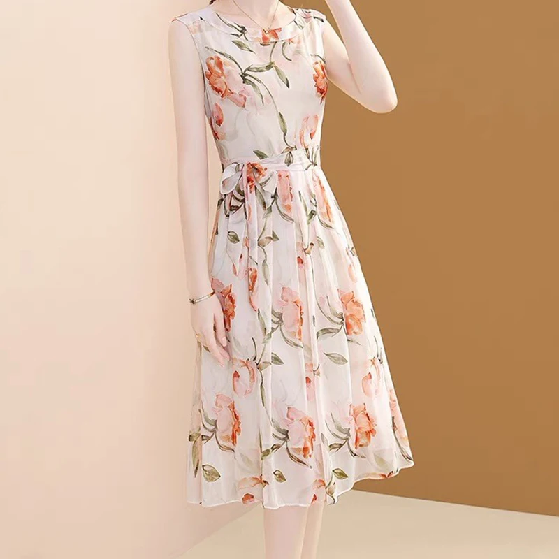 EVNISI Summer Women Pink Floral Printing Chiffon Dress O-Neck Sleeveless Office A-Line Dresses Lace Up Elegant Slim Vestidos