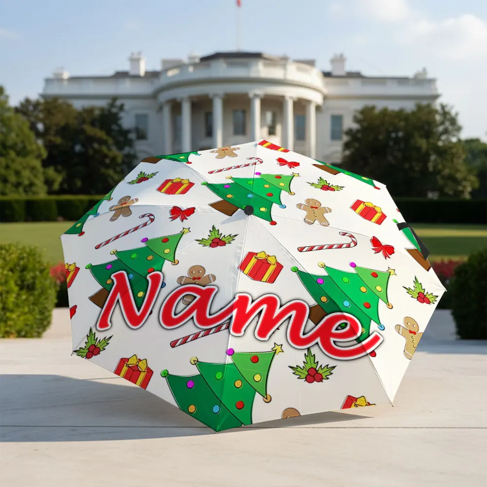 Custom Name Umbrella Christmas Tree Gingerbread Man Candy Cane Gift Seamless Print Folding Umbrella,Portable Travel Parasol Gift