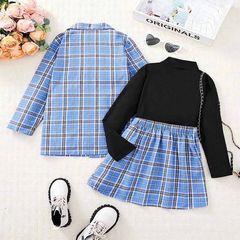 Three Piece Set Of Winter Cute Girl Warm Plaid Suit Jacket Half Skirt Princess Birthday Party Wedding Children's Clothing