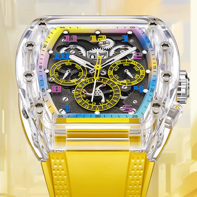BONEST GATTI Men's Automatic Mechanical Watch with Crystal Glass CaseLuminous Rubber Strap Multi-Function Dial Luxury Wristwatch