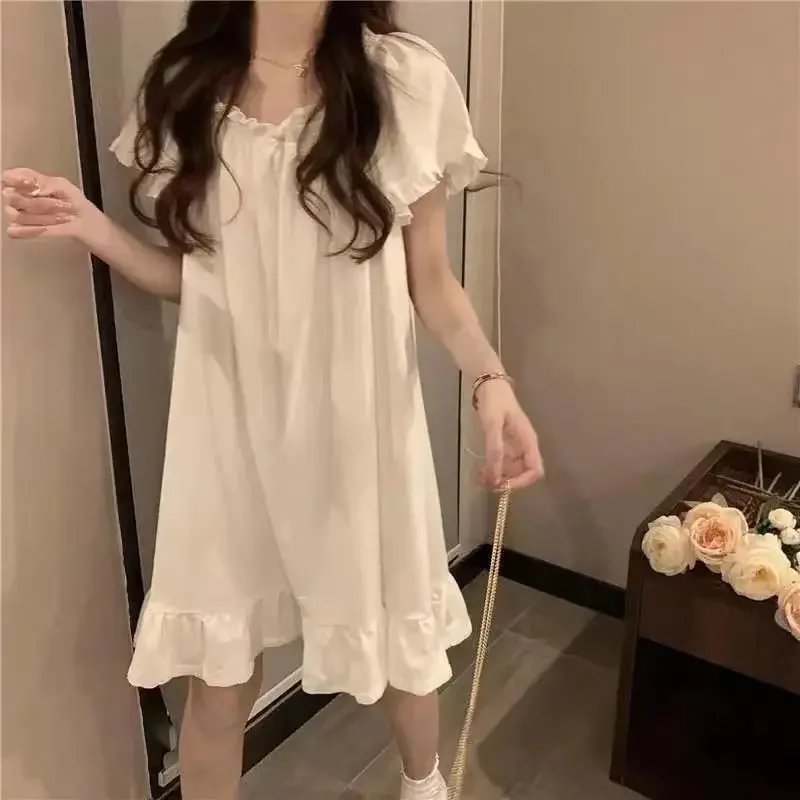 

White Mid Length Nightgowns Summer Pajamas Women's Home Clothes New Dress Korean Sleepwear for Sleeping Sexy Nightwear Woman Top