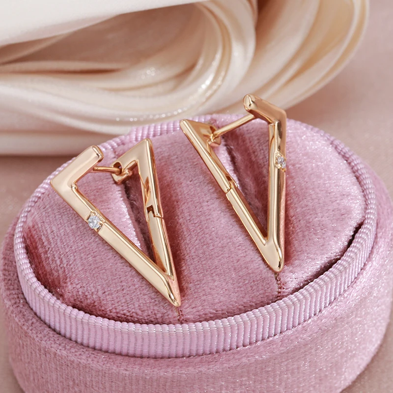 SYOUJYO Triangular Geometry Glossy Simple Dangle Earrings For Women Natural Zircon Fine Jewelry 585 Rose Gold Color Drop Earring