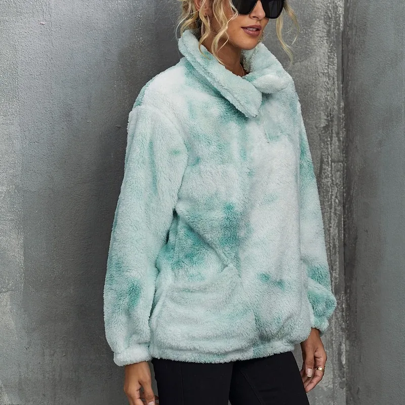 

Long-sleeved Tie Dye Fashion Coat Ladies Plush Autumn and Winter Pocket Long Coat Pocket Casual Hooded Pullover Sweatshirt