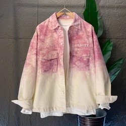 Fashion Trend Tie-dye Gradient Spring Autumn Men Splicing Square Collar Button Pocket Letters Loose Casual Long-sleeved Jackets