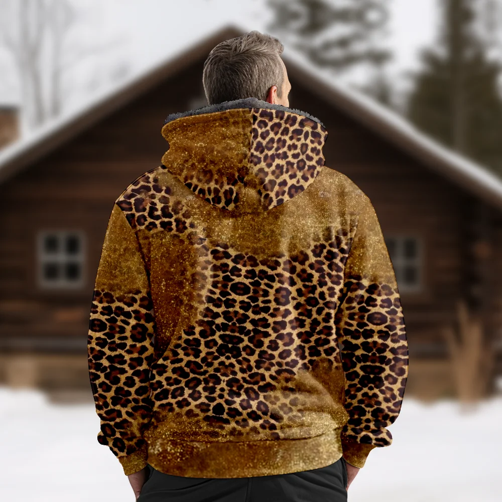 Men's Winter Jackets Coats,Brown Leopard Pattern Cotton Clothes Overcoat Fashionable Preppy Style Party