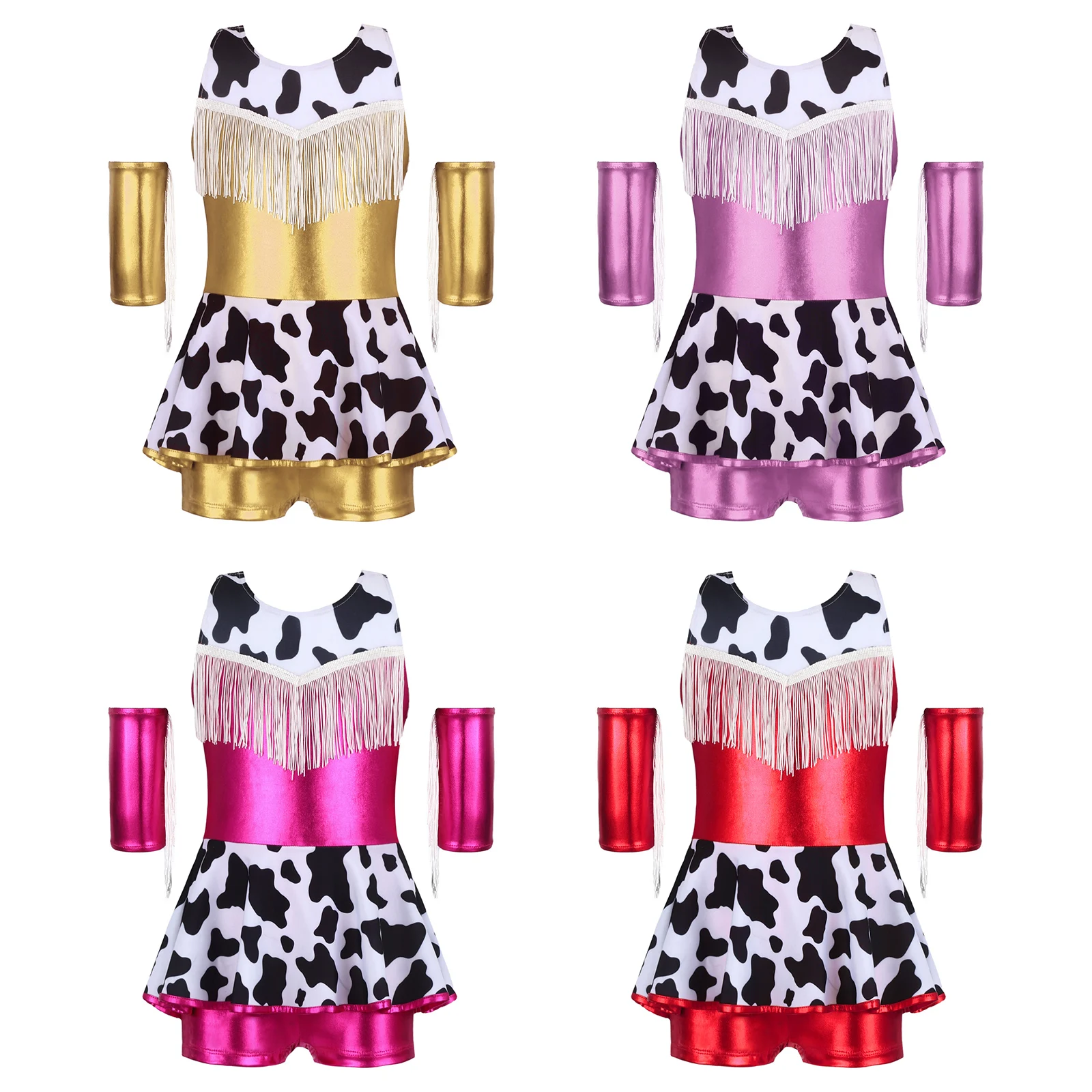 Kids Girls Halloween Cowgirl Cosplay Costume Metallic Shiny Cow Print Leotard Dress with Tassels Oversleeve for Jazz Dance Show