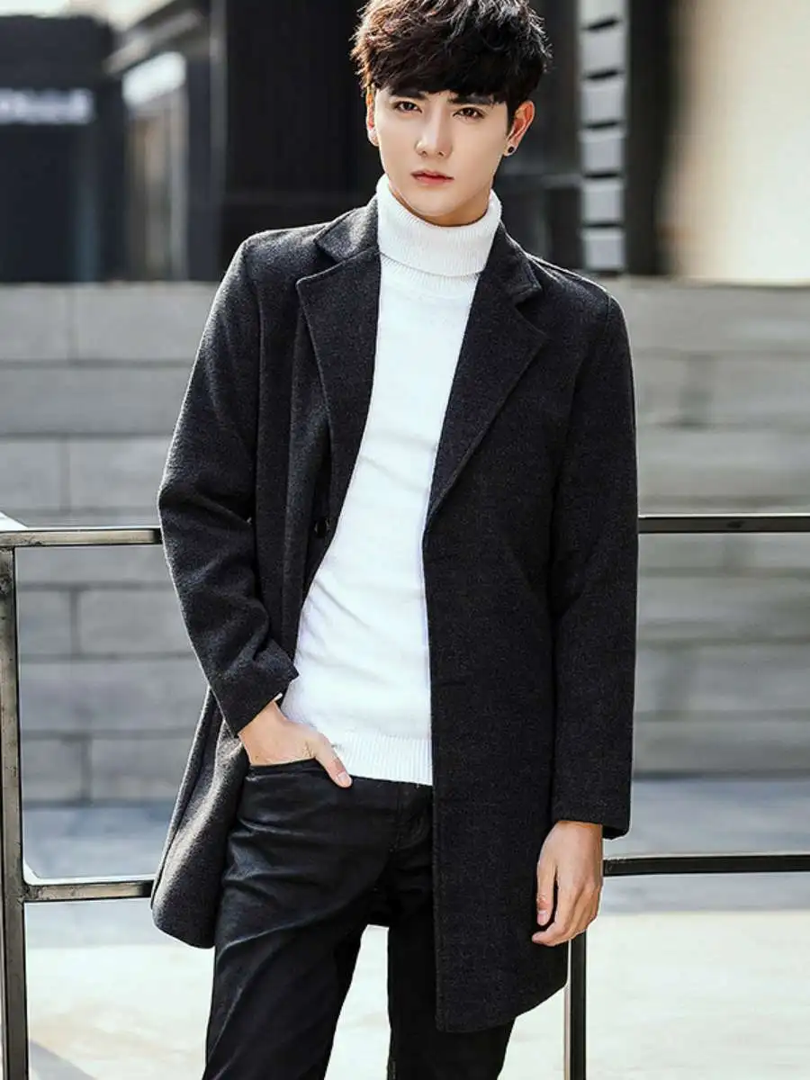 

Мужское модное однотонное облегающее шерстяное пальто, осень-зима, новая длинная повседневная верхняя одежда с пуговицами, украшенная пуговицами
