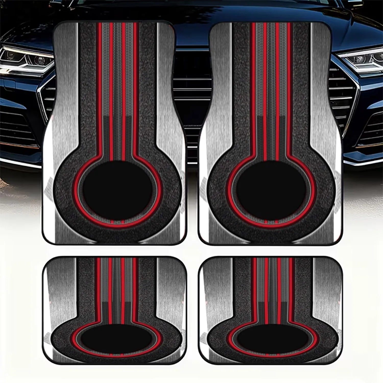 4pcs Car Floor Mats, Futuristic Industrial Design, Brushed Silvery & Dark Gray Textured Surface, Red Lines & Hexagonal Grid Patt