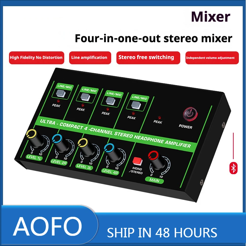 

AOFO 4-Channel Stereo Audio Mixer Headphone Amplifier with Volume Control, Compact Design for Studio, Live Sound, DJ