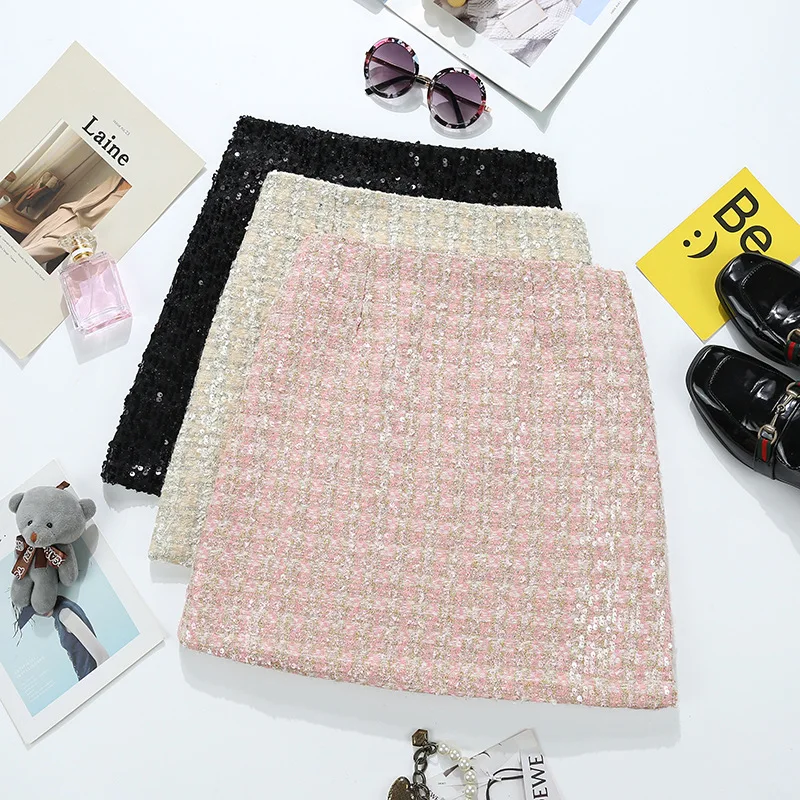 

Женская короткая юбка из грубого твида, весна-осень 2021, новый стиль, маленькая ароматная юбка на бедрах с блестками и запахом