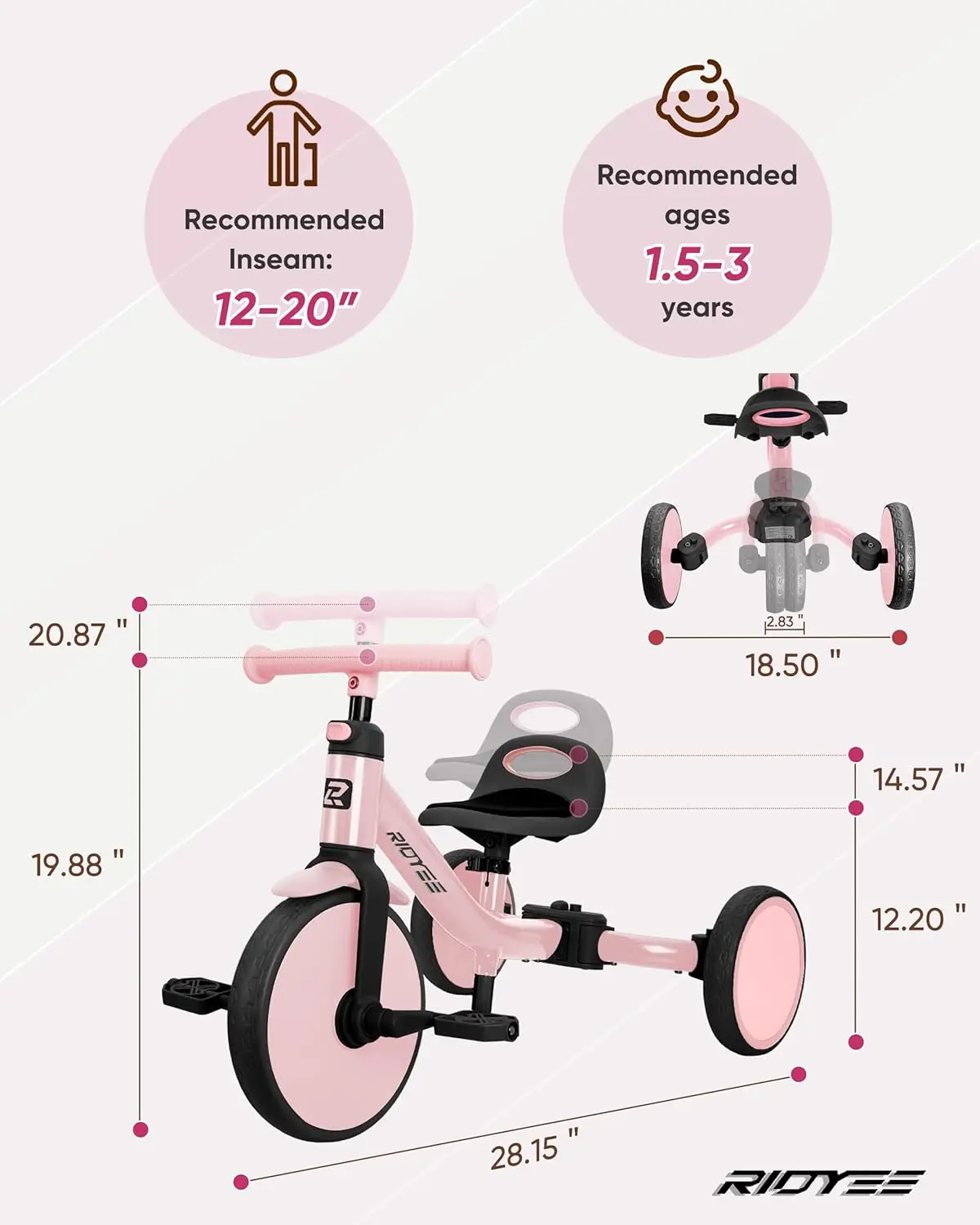 Tricycle pour tout-petits, 4 en 1, 18 mois à 3 ans, interrupteur de mode sans outil, tricycle pour tout-petits de 1.5 à 3 ans, recommandé en un clic
