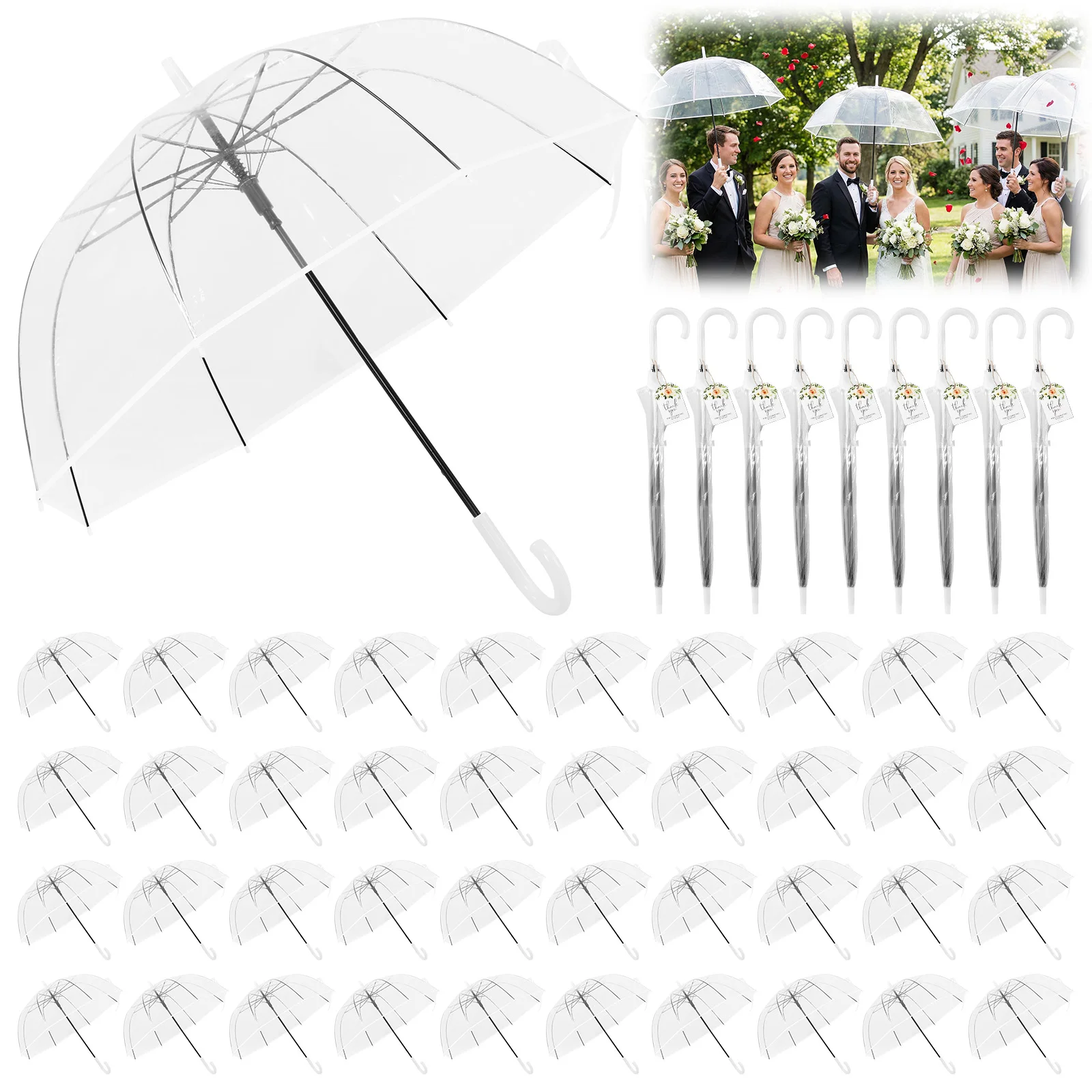 

52 Inch Large Clear Bubble Umbrellas Bulk with Thank You Tags and Rope Auto Open Clear Dome Umbrella Wedding Favors for Guest