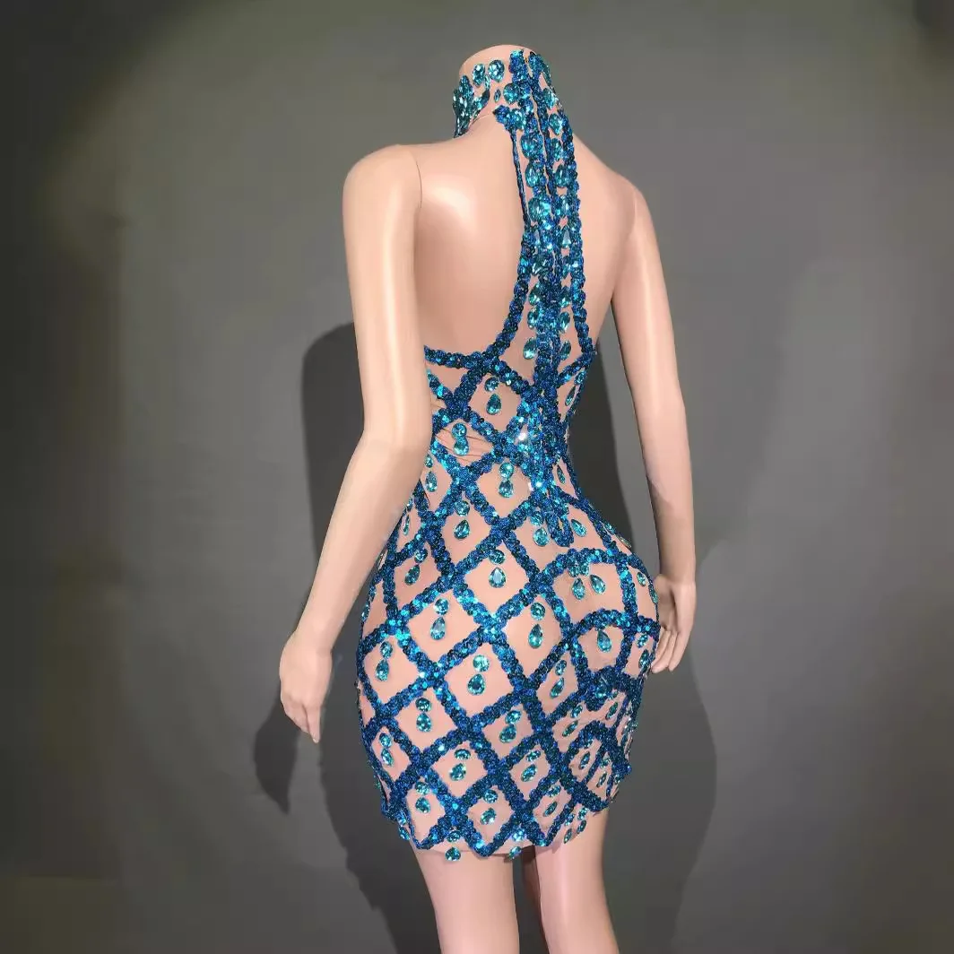 Seksowna, prześwitująca sukienka z siateczki, zdobiona wodnymi kryształkami, z odkrytymi ramionami, dopasowana, krótka spódniczka, idealna na bankiet, wieczorne bal, dla prowadzącej, piosenkarki.