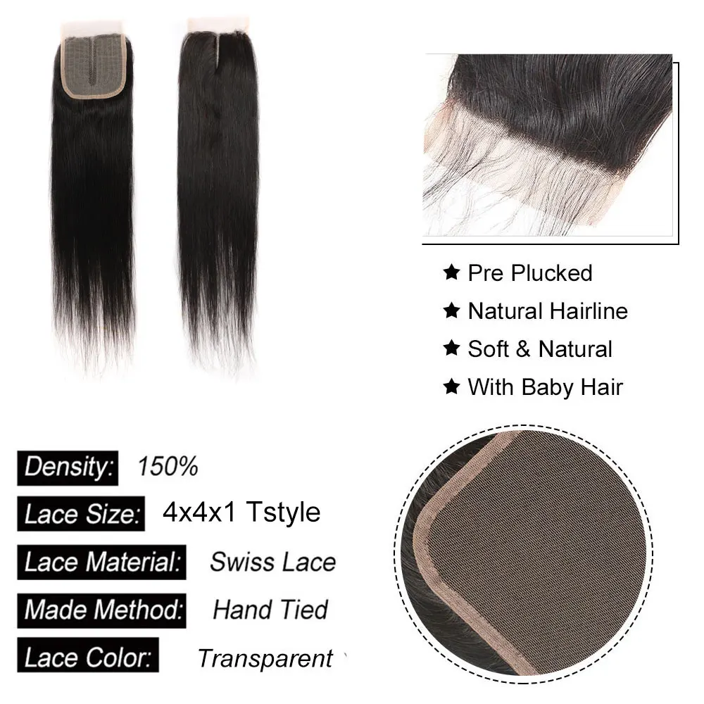 4x4x1 T Lace Closure Human Hair Straight Hair Middle Part Human Hair Closure for Women  Cheap PrePlucked  Transparent Closure