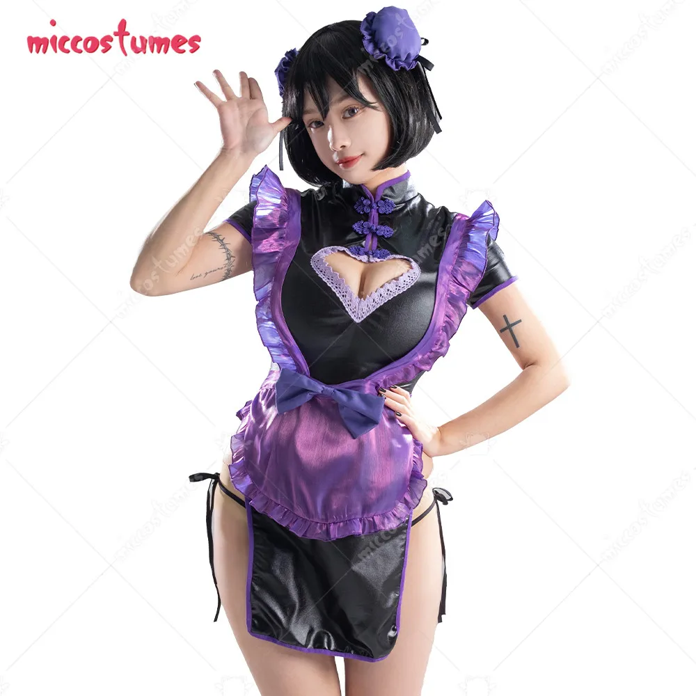 Women Sexy Lingerie Set Purple Maid Style Chest Open Cheongsam Dress with Apron Thong  Lingerie Sleepwear Sexy Costumes