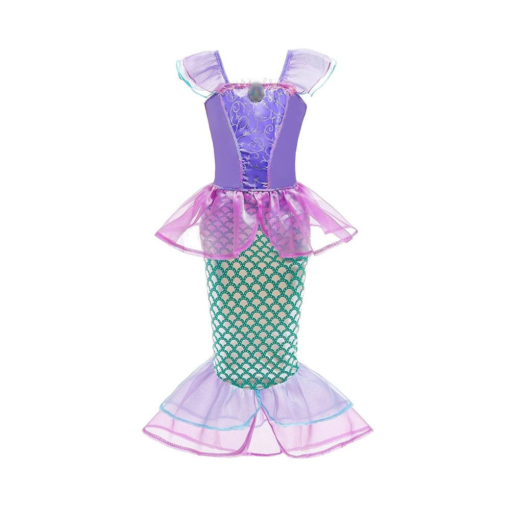 Halloween Girls Mermaid Princess Dress Fish Tail Costume Purple Green Scale Pattern For Kids Birthday Carnival Party Dress Up
