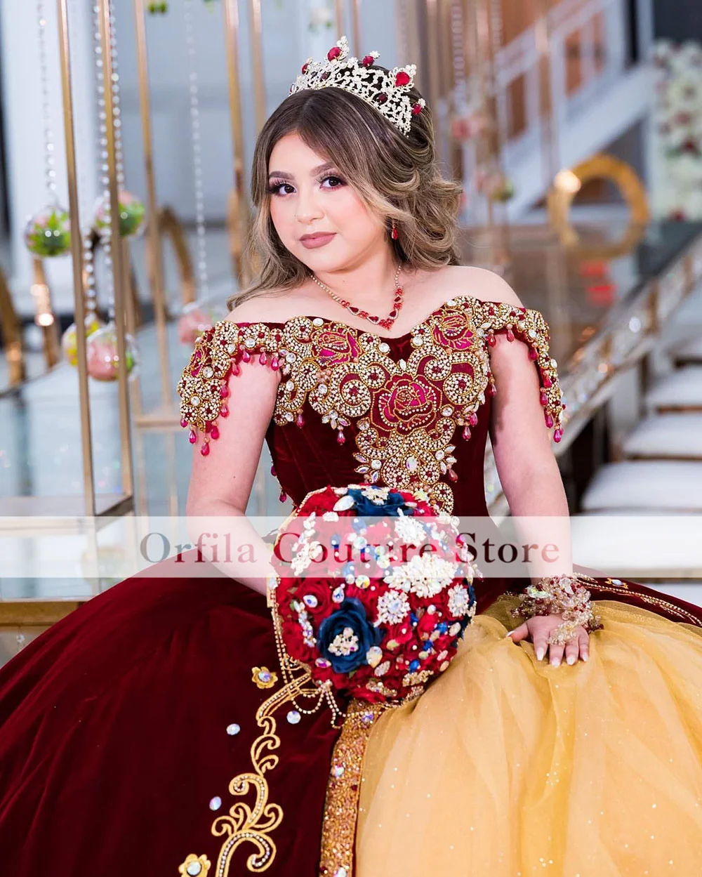 Embroidery Gold Quinceanera Dresses 2023 Off Shoulder Beading Mexican Girls Sweet 16 Birthday Prom Party Gowns