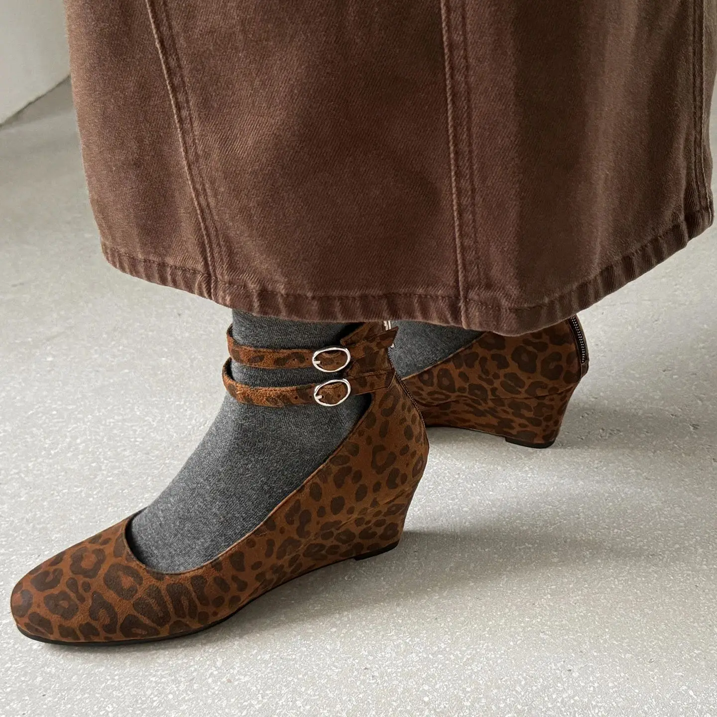 EAGSITY Cow Leather suede brown leopard wedge shoes women mary jane shoes round toe footwear high heel pumps party
