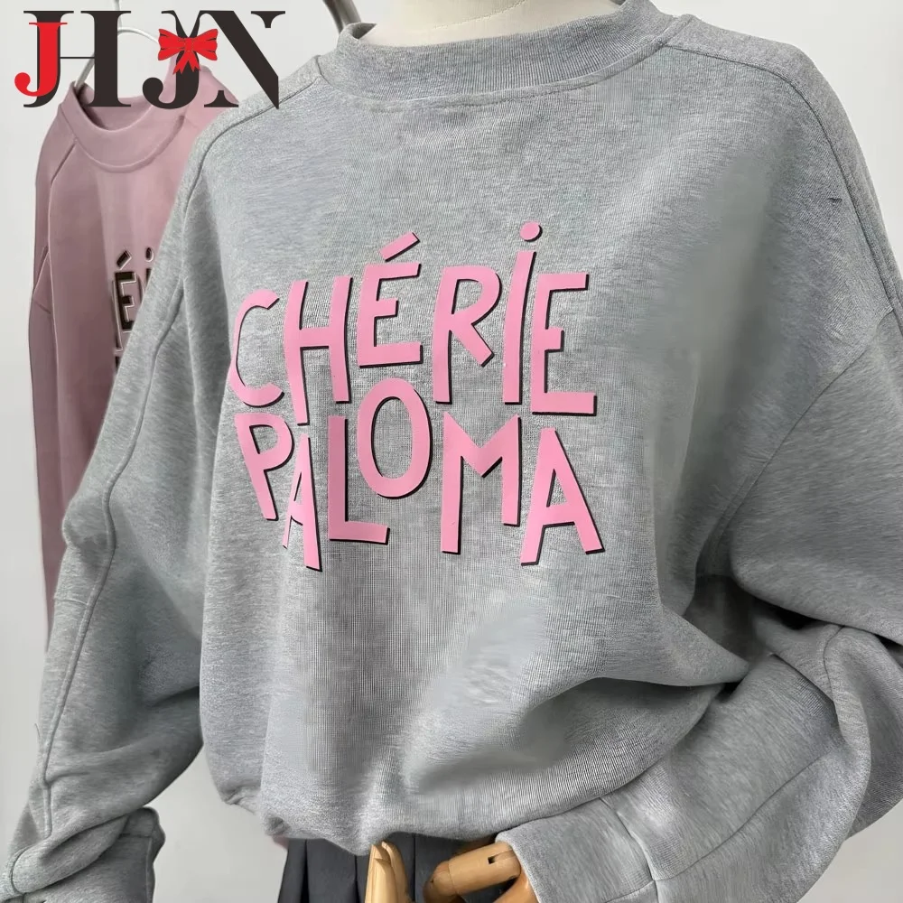 

JHJN Sweet Women Hoody Artistic Letter Printing Sweatshirt Loose Casual Tops Solid Color Tracksuit Long Sleeves Female Outerwear