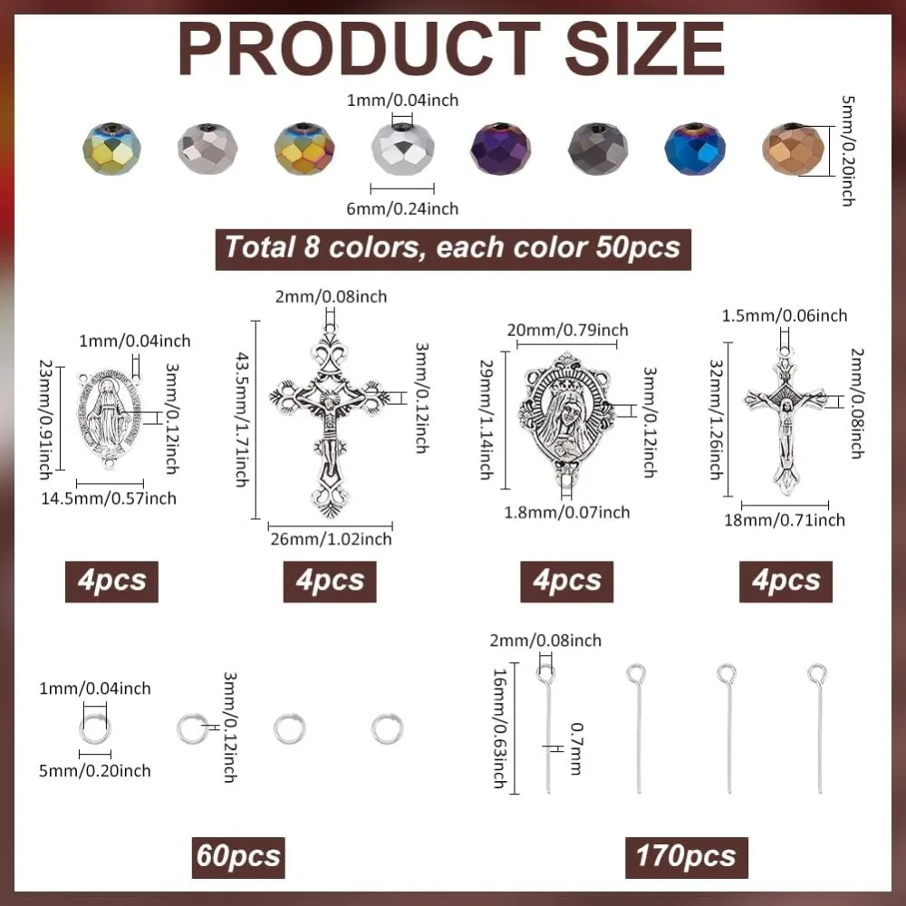 646pcs Rosary Jewelry Making Kit Prayer Making Supplies Crystal Glass Beads AB Color Loose Beads Cross Pendants Link Charms