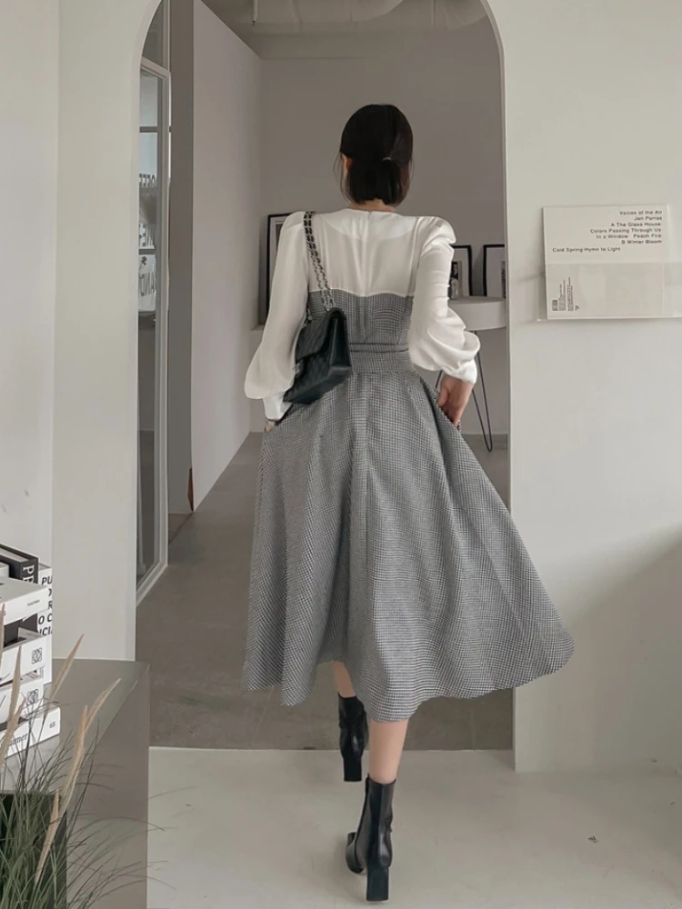 الخريف الرجعية جولة الرقبة وهمية قطعتين الربط اللباس الكورية العصرية تصميم عالية الخصر منقوشة فستان طويل الأكمام OL نمط فساتين