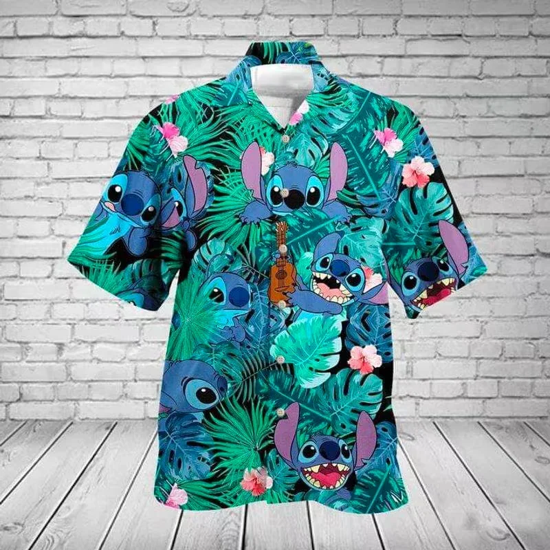 New summer Lilo And Stitch Men's Shirt Disney Stitch Hawaiian Shirt Fashion Disney Hawaiian Short Sleeve Shirt Men's Casual Tops