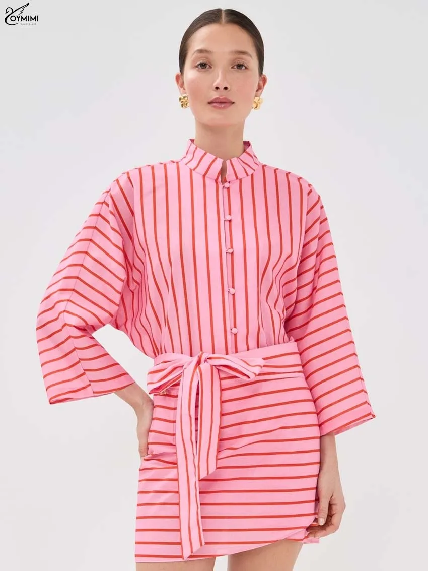 Oymimi Fashion Pink Print 2 Pieces Set For Woman Elegant Wrist Sleeve Button Shirts And Lace-Up Straight Mini Skirts Female Sets