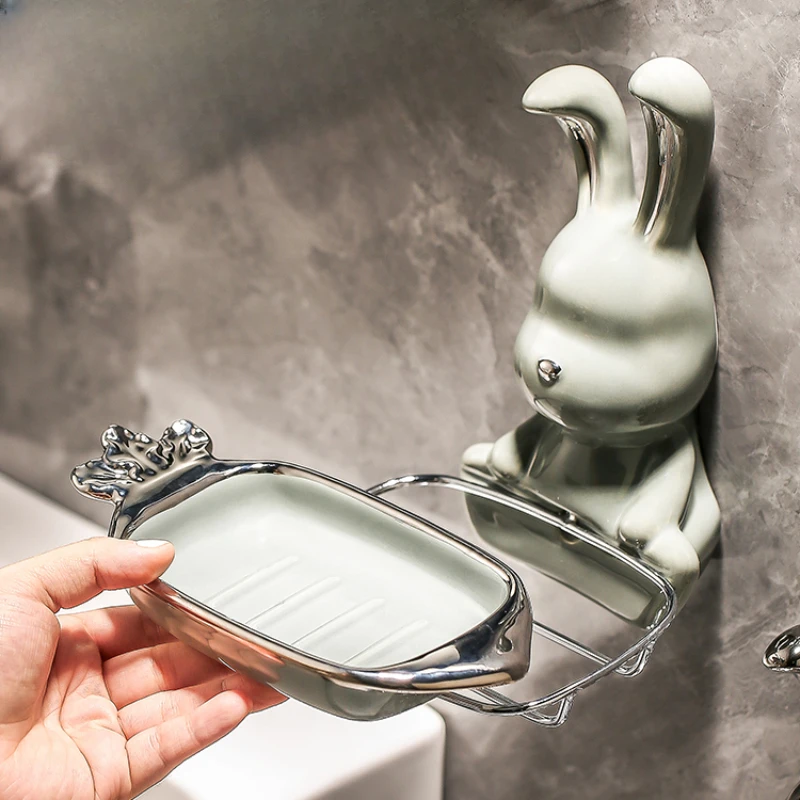 Wall-Mounted Soap Holders Ceramic Drain Soap Box Cartoon Rabbit Soap Stand for Bathroom Use Cute Organizer Space-Saving Dish