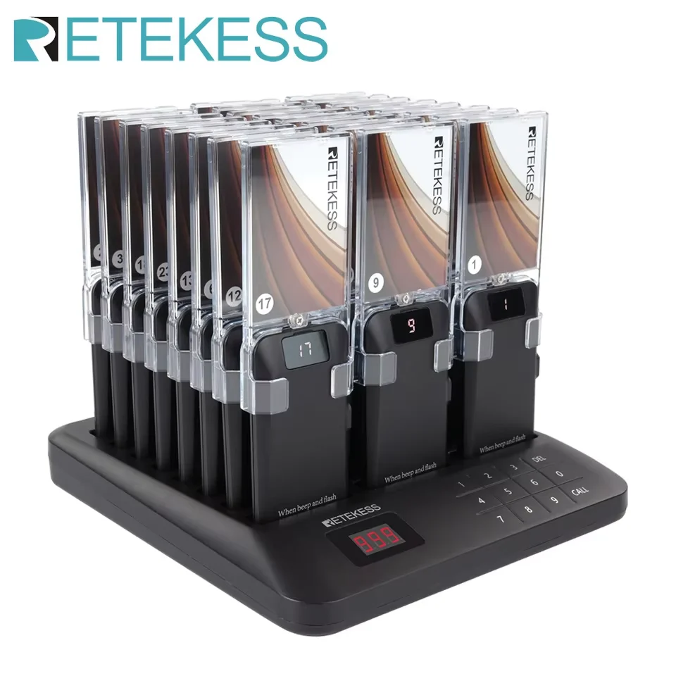 Sistema de Chamada Sem Fio RETEKESS TD157A para Restaurantes, Pager Coaster com Painel de Exibição, Alcance de 800m, Controle via PC para Cafés e Food Trucks