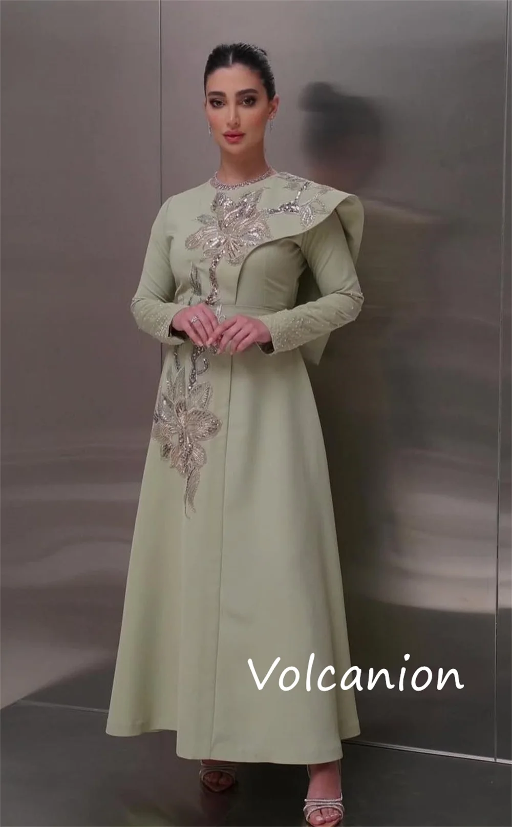 Customized Unisex Jersey Sequined Flower A-line Scoop Neck Midi Dresses Bespoke Occasion Chinese Style