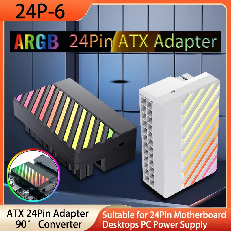 ATX 24Pin 90°  ARGB Adapter Mainboard Power Supply Cable Connectors Adapter DIY Mounting Modular for Desktops PC Supply