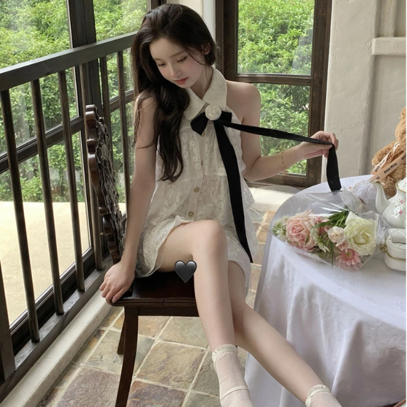 Hikigawa Lace Embroidery Cake Women Dress All Match Off Shoulder Dresses Chic Fashion Bow Patchwork Elegant Vestido De Mujer