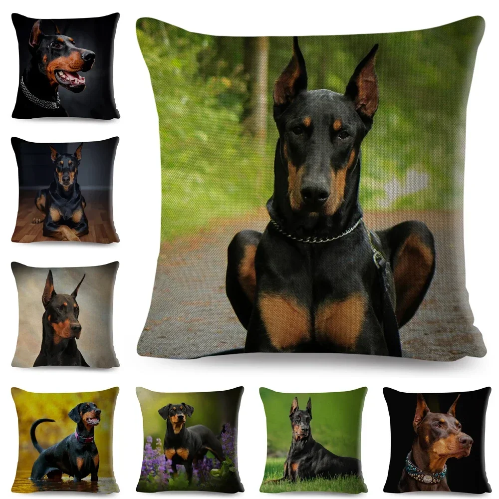 Doberman-funda de cojín con estampado de perros y mascotas, funda de almohada de lino con estampado a ambos lados para sofá, hogar y coche