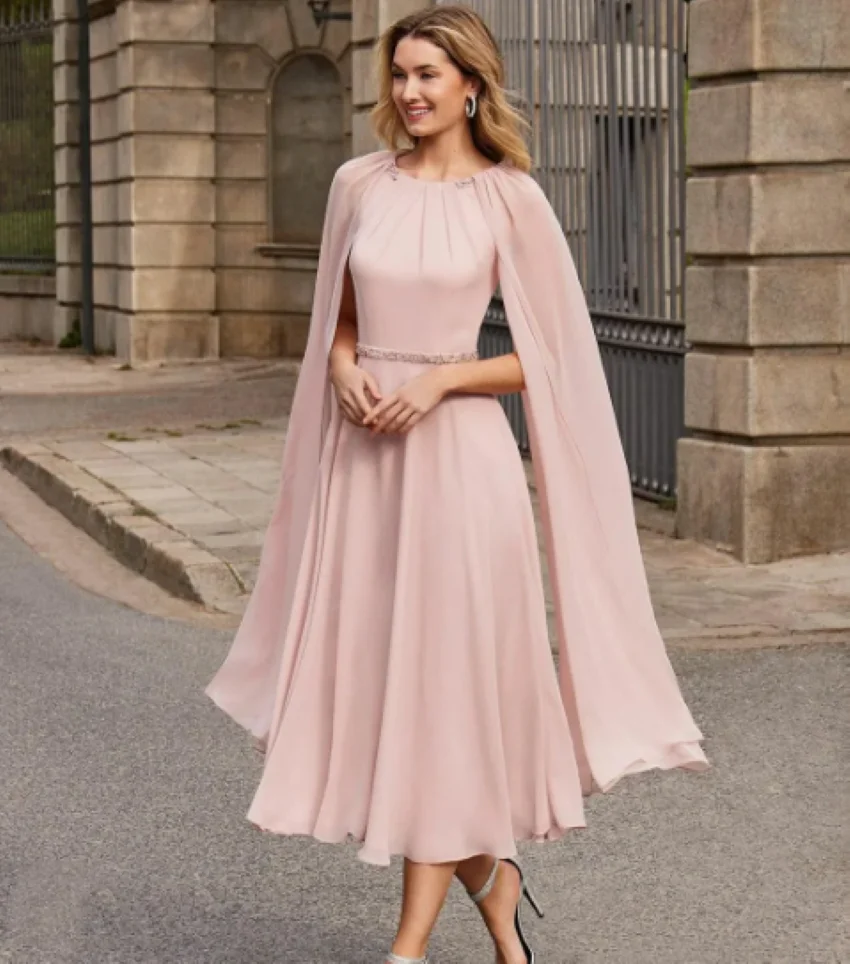 Elegant Short Pink Chiffon Beaded A-Line Pleated Tea Length Godmother Dress With Cape for Women Mother of the Brides Dresses