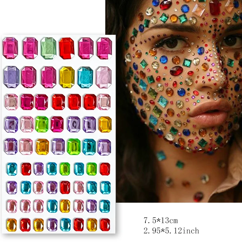 1Sheet Random Colorful Rectangle Gem Face Sticker Sqaure Rhinestone Self-Adhesive Fake Tattoos for Party Stage Makeup Gems Decal