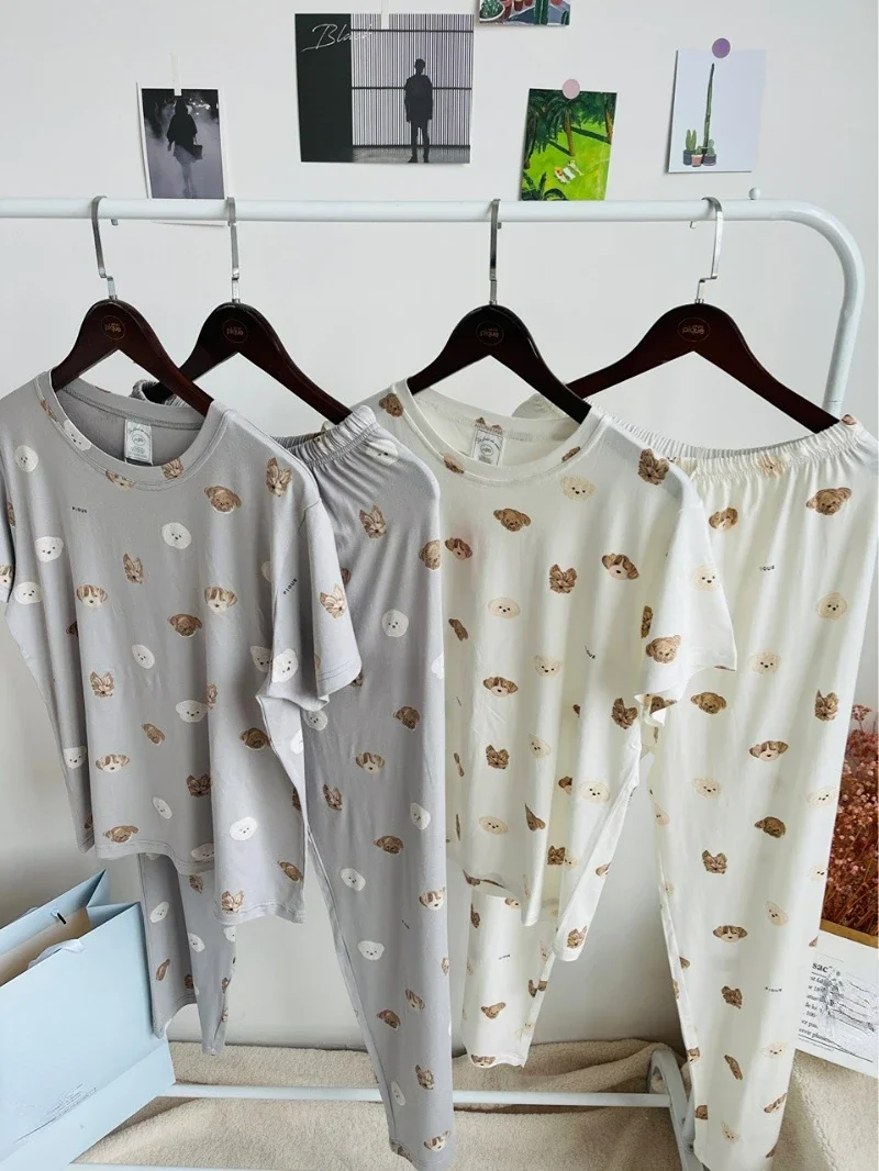 Kuzuwata O Neck Cartoon Print Short Sleeve Top Underwear+high Waist Wide Leg Pant Sleepwear JAPAN Casual Home Wear Pajama Sets